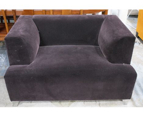 ARMCHAIR / SOFA, purple velvet upholstered of square form with metal bracket supports, 123cm W.