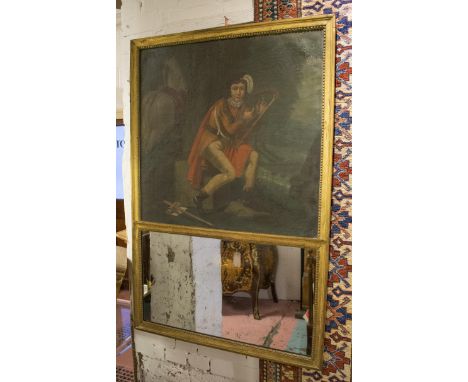 TRUMEAU, early 19th century English giltwood with beaded frame, oil on canvas rustic scene of a musician playing a lyre, abov