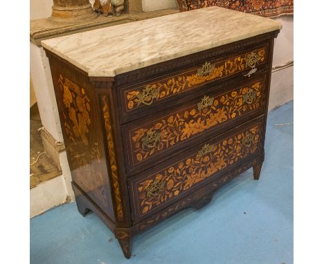 DUTCH COMMODE, 19th century mahgoany and allover satinwood foliate marquetry with canted corners and three long drawers, 49cm