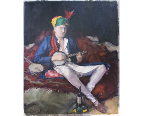 PHOEBE DICKINSON (Royal Society of Portrait Painters) 'Playing the banjo', oil on canvas, signed lower left, 76cm x 41cm.