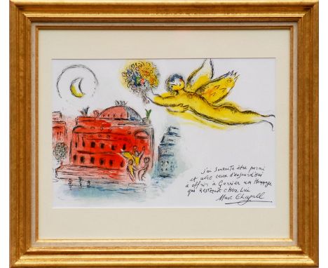 MARC CHAGALL 'Paris', 1965, lithograph, printed by Mourlot, 35cm x 50cm, framed and glazed.