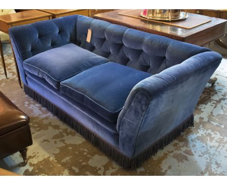 SOFA, Royal blue velvet upholstered with cushions and tassel apron, 184cm W x 87cm D.