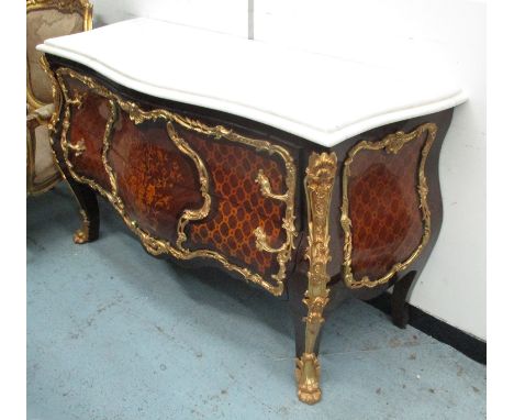 COMMODE, Louis XV style marquetry, parquetry and brass mounted with two drawers and a marble top, 151cm x 56cm x 89cm H.