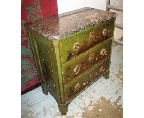 CHINOISERIE COMMODE, Louis XVI, late 18th century green japanned and decorated of small proportions with a grey marble top ov