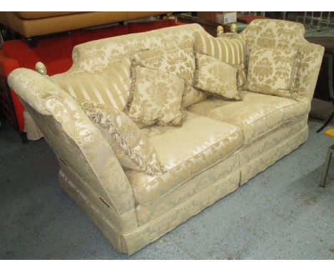 KNOWLE SOFA, of substantial proportions of shaped outline in cream damask 228cm W x 114cm D x 100cm H.