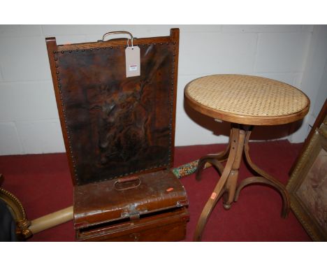 Small tin trunk, bentwood and split cane topped occasional table, leather inset fire screen etc
