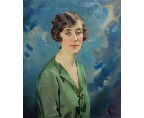 Dorothy Elaine Vicaji (1880-1945) - half length portrait of a lady wearing a pearl necklace, oil on canvas (a/f), 75x63cm, un