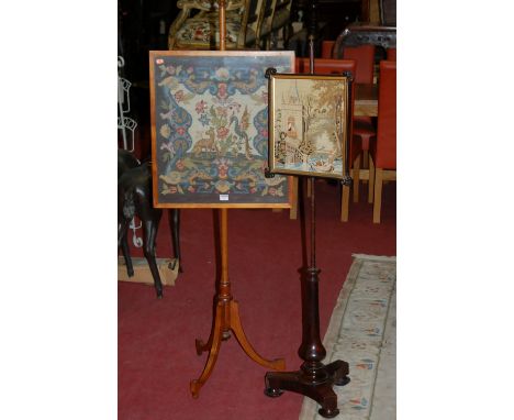 A late Victorian mahogany and floral tapestry embroidered pole screen; together with an early Victorian rosewood and embroide