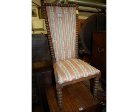 A Victorian mahogany bobbin turned and stripe upholstered single side chair 