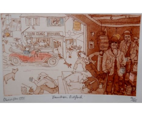 Chris Hall - Drunken Bidford, colour etching, signed, titled and numbered in pencil to the margin, 12/125, 17x27cm with studi