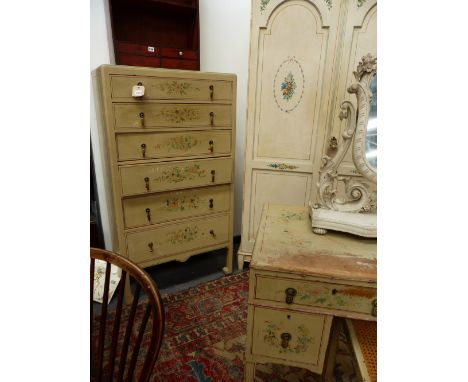 A VINTAGE PAINTED BEDROOM SUITE WITH FLORAL DECORATION COMPRISING A SIX DRAWER TALL CHEST, A FOUR DRAWER DRESSING TABLE AND S