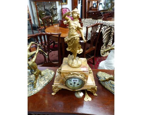 A 19TH.C.FRENCH VERIGATED MARBLE CASED MANTLE CLOCK SURMOUNTED WITH A GILT FIGURE OF A GIRL, FLORAL SWAG ENAMEL DIAL AND TWO 