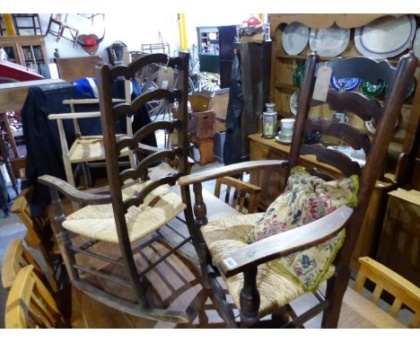 A GEORGIAN RUSH SEAT LADDER BACK CHAIR AND TWO OTHERS