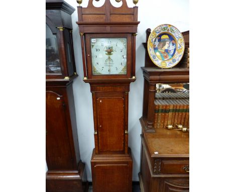 A GEORGIAN 30 HOUR LONGCASE CLOCK WITH PAINTED DIAL SIGNED EDW.MORGAN, NEWTOWN TOGETHER WITH A GOOD OAK LONGCASE CLOCK CASE O