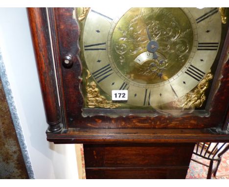 AN 18TH.C.OAK CASED 30 HOUR LONGCASE CLOCK WITH BRASS DIAL, SIGNED SAM HARLEY, SALOP AND WITH SILVERED CHAPTER RING