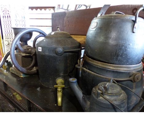 VARIOUS ANTIQUE IRON COOKPOTS AND A COFFEE GRINDER