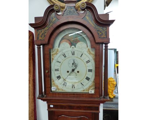 AN EARLY 19TH.C.MAHOGANY EIGHT DAY LONGCASE CLOCK, DECORATED BROKEN PEDIMENT HOOD WITH 13.5" PAINTED ARCH TOP DIAL SUBSIDERY 
