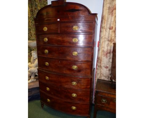 A GEO.IV.MAHOGANY BOW FRONT TALL BOY CHEST ON CHEST WITH TWO SHORT AND SIX LONG GRADUATED DRAWERS.