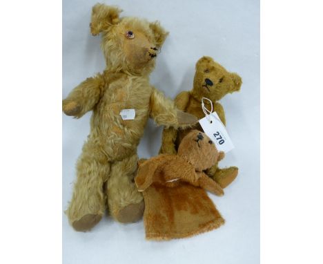 A SMALL STEIFF PLUSH JOINTED TEDDY BEAR WITH BUTTON TO EAR, AN UNNAMED JOINTED BEAR AND A GLOVE PUPPET BEAR.