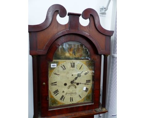 A GEORGIAN OAK AND MAHOGANY CASED EIGHT DAY LONGCASE CLOCK WITH PAINTED ARCH DIAL SIGNED JAS.STEER, GUILDFORD.