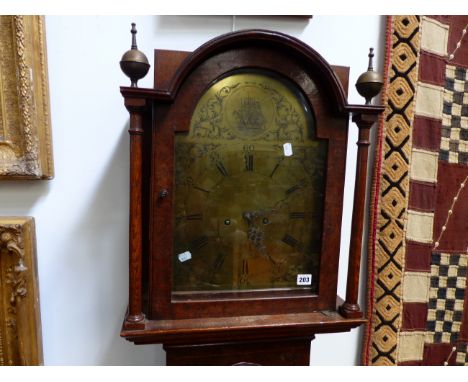 A LATE 18TH.C.OAK AND BURR WALNUT CASED LONGCASE CLOCK. EIGHT DAY MOVEMENT WITH REPLACEMENT ARCH BRASS DIAL, SIGNED W. EVANS 