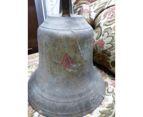 A LARGE VINTAGE BRASS MILITARY BELL. H.30cms.