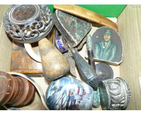 A COLLECTION OF VICTORIAN AND LATER OBJETS TROUVE TO INCLUDE TREEN AND EASTERN BOXES, TWO PORTRAIT DECORATED MARBLE PAPERWEIG