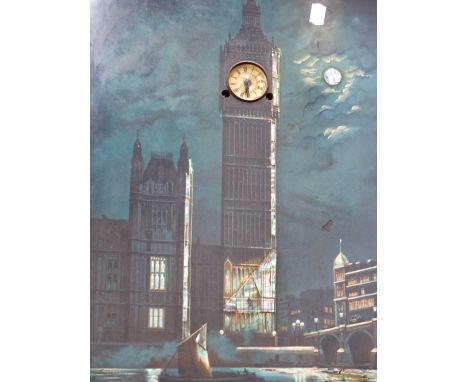 A VICTORIAN BIG BEN PAPIER MACHE AND MOTHER OF PEARL INLAID PICTURE CLOCK IN METAL MOUNTED FRAME. H.66cms