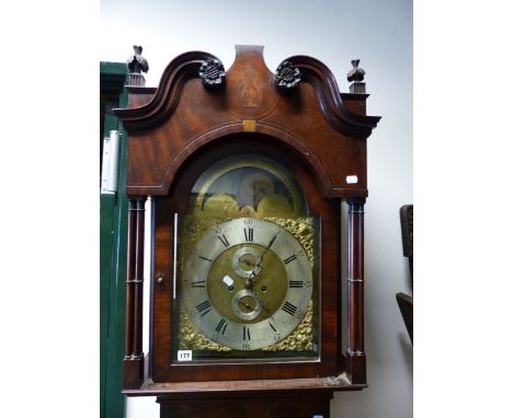 A GOOD WM.IV. MAHOGANY CASED EIGHT DAY LONGCASE CLOCK, 13.3" ARCH TOP, BRASS DIAL WITH SILVERED CHAPTER RING AND SUBSIDIARY S
