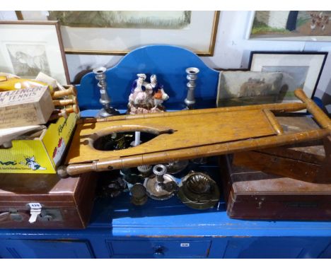 A VINTAGE LEATHER  VANITY CASE, A VICTORIAN BRASS FENDER, VARIOUS PLATEDWARE AND CUTLERY, A BOOT JACK,ETC