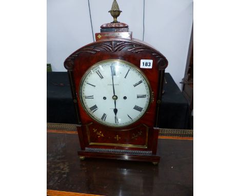 A REGENCY MAHOGANY AND BRASS INLAID BRACKET CLOCK WITH PAINTED DIAL SIGNED UNTHANK, STOKESLEY. TWIN FUSEE MOVEMENT STRIKING O