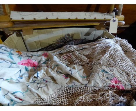 A LARGE QTY OF VARIOUS TEXTILES, TAPESTRY FRAME,ETC