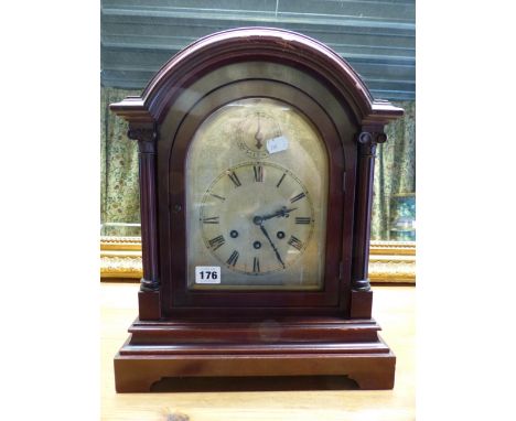 AN EDWARDIAN MAHOGANY CASED   BRACKET CLOCK WITH ENGRAVED, SILVERED ARCH TOP DIAL AND THREE TRAIN CHIMING MOVEMENT BY GUSTAV 