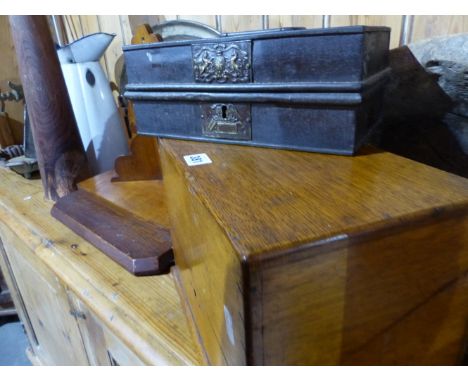 AN ANTIQUE CAST IRON BOOTSCRAPER, A PINE AND IRON BOUND LADDER, OAK STATIONERY BOX,ETC