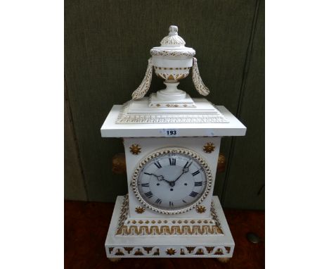 A 19TH.C.NORTH EUROPEAN? BRACKET CLOCK WITH LATER PAINTED NEO-CLASSICAL STYLE CASE, CONVEX ENAMEL DIAL AND THREE TRAIN MOVEME