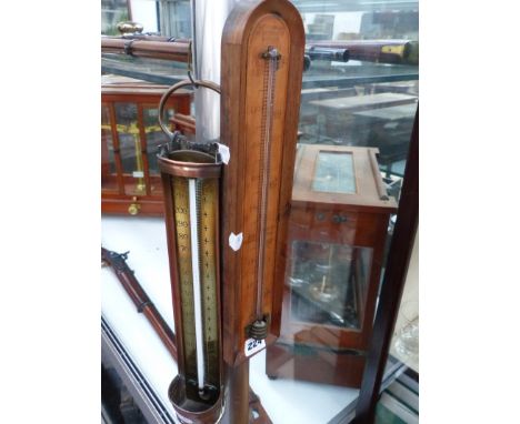 A 19TH.C.FRUITWOOD MOUNTED THERMOMETER BY THOMAS RUBBERGALL, LONDON AND A COPPER AND BRASS EXAMPLE BY A.STEWARD, GALLOW TREE 