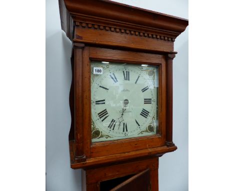 A GEORGIAN PINE 30 HOUR LONGCASE CLOCK WITH PAINTED DIAL, SIGNED MILLS, GLOUCESTER.