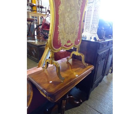 A LATE VICTORIAN MAHOGANY FOLD OVER CARD TABLE TOGETHER WITH A GILT FRAMED NEEDLEPOINT FIRESCREEN