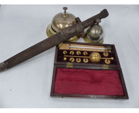 A 19TH.C.SIKES HYDROMETER WITH IVORY THERMOMETER, SIGNED J.LONG, EASTCHEAP, LONDON TOGETHER WITH A BAYONET AND TWO BRASS COUN