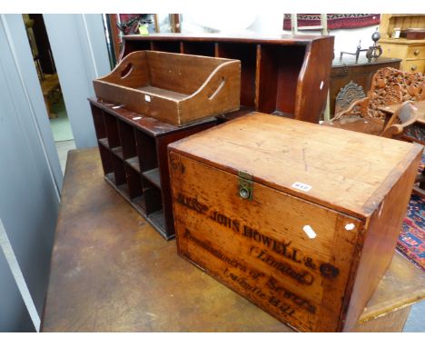 TWO BANKS OF MAHOGANY PIGEONHOLE SHELVES, A BOOK TROUGH AND A PINE DEED BOX WITH INSCRIPTION JOHN HOWELL & CO COMMISSIONERS O