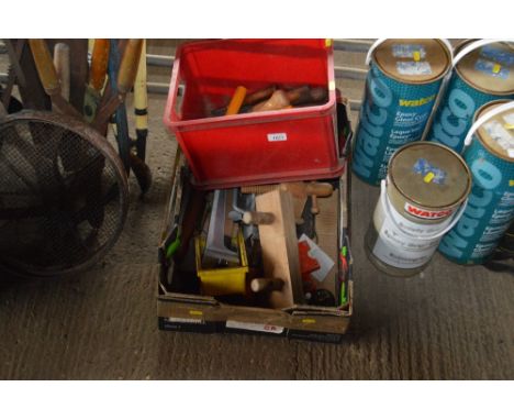 A box containing various wood turning chisels; together with a box of various tools etc.