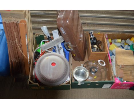 Two boxes of sundry items to include a portable stove, light shades etc.