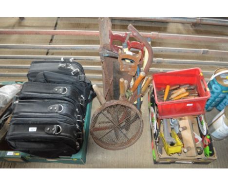 A quantity of various hand tools; saws; sieve etc.
