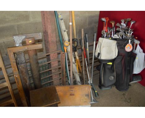 A quantity of assorted garden tools; and a set of hooks