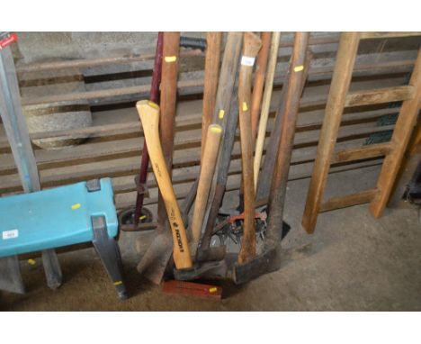 A quantity of various long handled garden tools, axes etc.