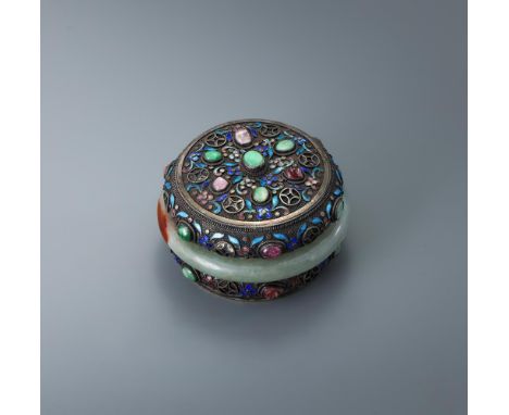 A Chinese silver jade and cloisonné gem set circular box and cover, 20th century, composed of two sections with central jade 