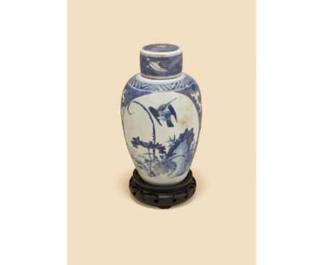 A Chinese blue and white 'shipwreck' jar and cover, Kangxi, painted with two oval reserves, one with a kingfisher flying abov