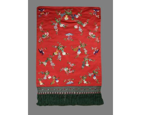 An attractive Chinese silk mirror cover, Qing dynasty, late 19th century, finely embroidered with gourds, vines, bats and pea
