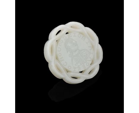 An usual Chinese white jade openwork 'Coin' plaque, 19th century, centred with an imitation ancient Roman coin medallion that