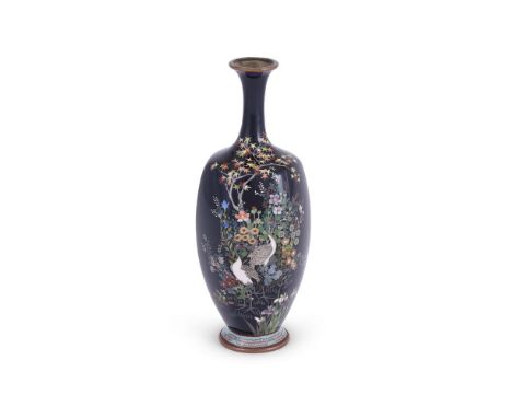 Adachi Kinjiro: A Japanese Cloisonné Enamel Vase, of bulbous hexagonal shape on a splayed foot with a tall, slender neck and 